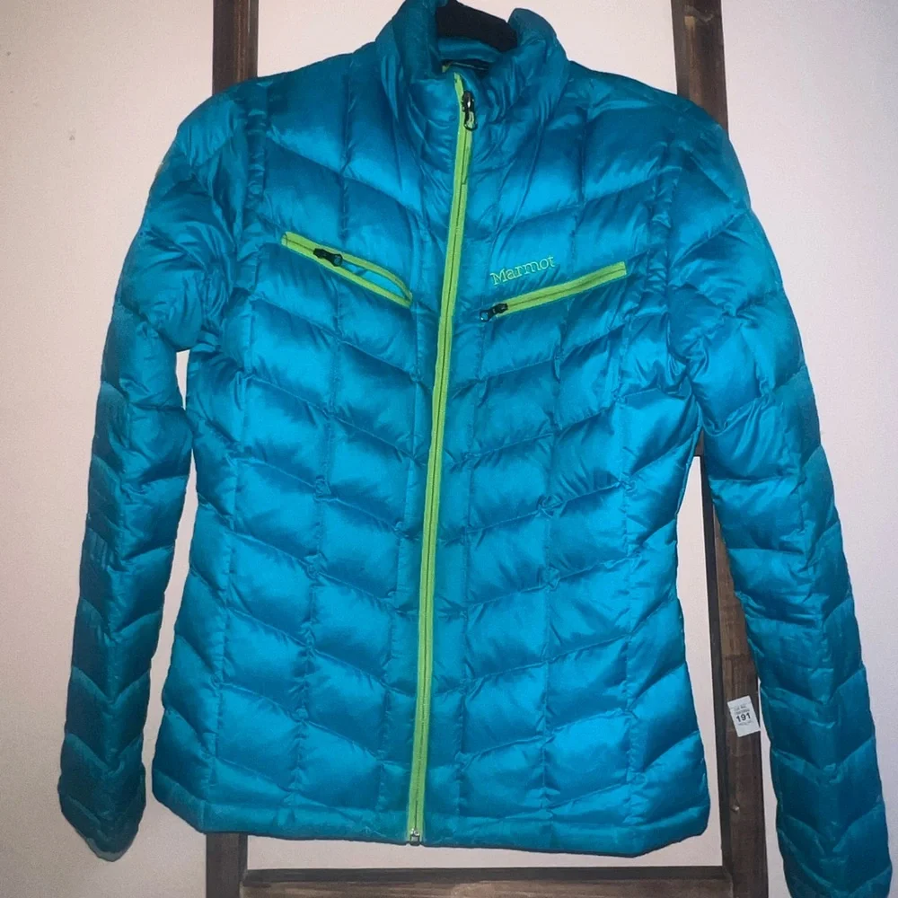 Marmot Teal Puffer Jacket with Lime Zippers - Picture 1 of 4